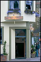 Entrance of historic San Benito House, with couple looking. Half Moon Bay, California, USA ( color)