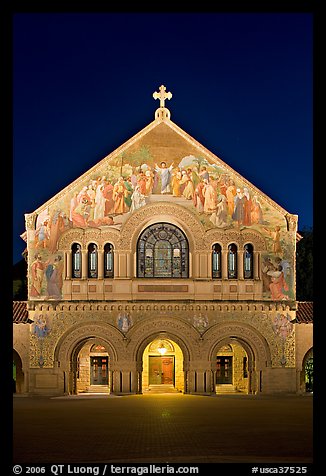 Memorial Church facade at night. Stanford University, California, USA (color)