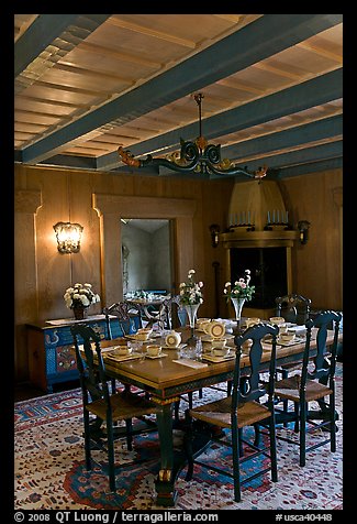 Dining room and dining table, Vikingsholm, Lake Tahoe, California. USA (color)