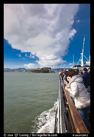 On tour boat cruising towards Alcatraz Island. San Francisco, California, USA (color)