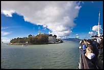 Approaching Alcatraz on tour boat. San Francisco, California, USA (color)