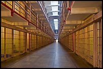 Row of prison cells, main block, Alcatraz prison interior. San Francisco, California, USA