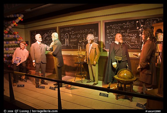 Wax figures of scientists with one outlier, Madame Tussauds. San Francisco, California, USA