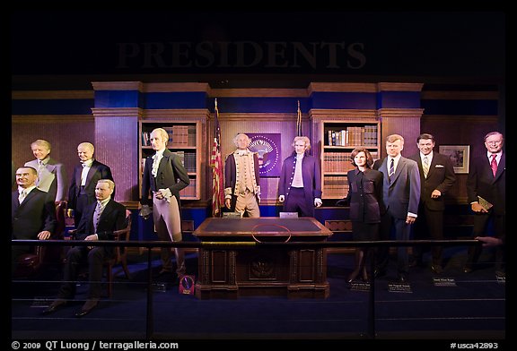 Wax figures of presidents with one outlier, Madame Tussauds. San Francisco, California, USA (color)