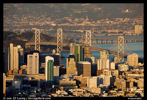 San Francisco high-rises, Bay Bridge, Yerba Buena Island, and East Bay. San Francisco, California, USA (color)