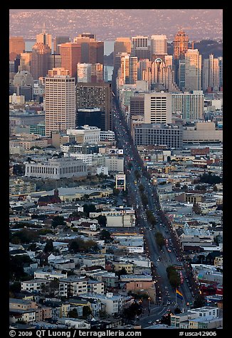 Market Avenue and downtown viewed from above at sunset. San Francisco, California, USA (color)