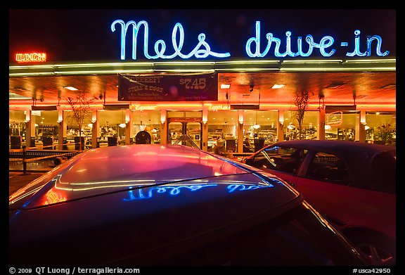 Mels drive-in restaurant at night. San Francisco, California, USA (color)