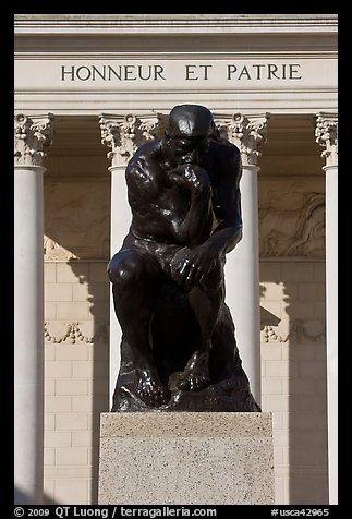 Rodin sculpture The Thinker and Legion of Honor motto in French. San Francisco, California, USA (color)