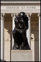 Rodin sculpture The Thinker and Legion of Honor motto in French. San Francisco, California, USA ( color)