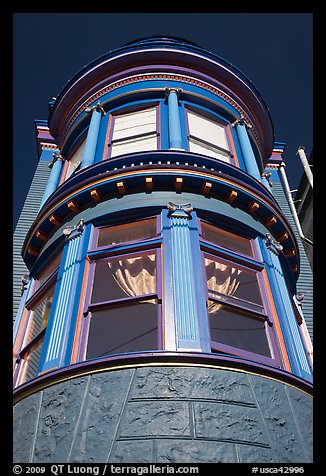 Brightly painted blue tower of Victorian house, Haight-Ashbury District. San Francisco, California, USA (color)