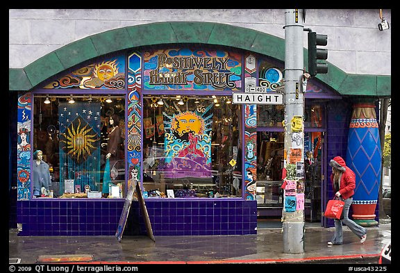 Rainny sidewalk and store with psychadelic colors. San Francisco, California, USA