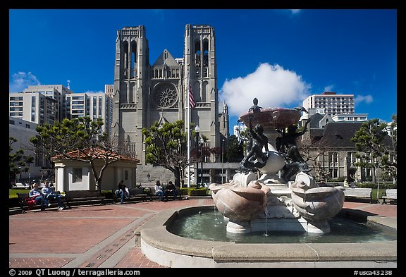 Fountain and Grace Cathedral, Nob Hill. San Francisco, California, USA (color)