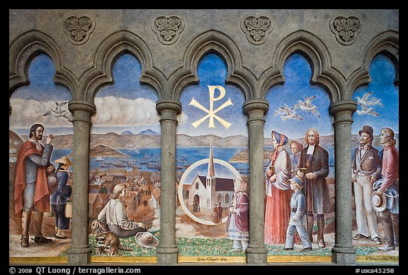 Fresco depicting the old Grace Chapel, Grace Cathedral. San Francisco, California, USA (color)