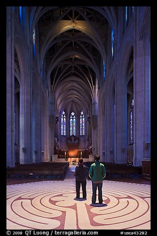 Men standing on the Labyrinth, Grace Cathedral. San Francisco, California, USA (color)