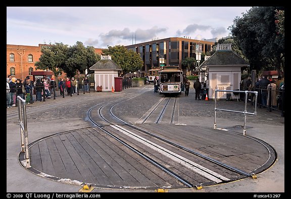 Turn table at cable car terminus. San Francisco, California, USA (color)
