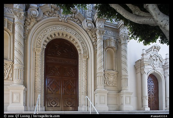 Facade detail with doors, Mission Dolores Basilica. San Francisco, California, USA (color)
