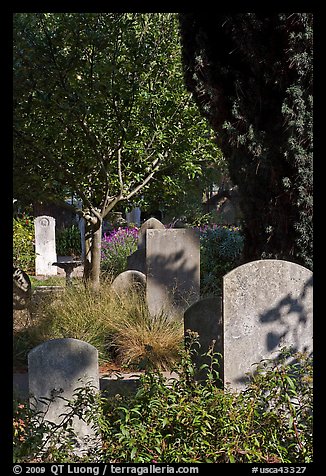 Headstones in the garden of Mission San Francisco de Asis. San Francisco, California, USA (color)