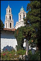 Bell towers of the Basilica seen from the Garden, Mission San Francisco de Asis. San Francisco, California, USA