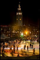 Ice rink and Ferry Building tower at night. San Francisco, California, USA (color)