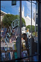 City Light Bookstore glass with church reflections, North Beach. San Francisco, California, USA