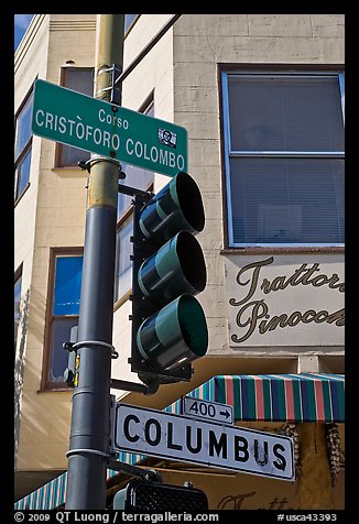 Traffic light and signs, Little Italy, North Beach. San Francisco, California, USA