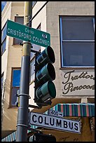 Traffic light and signs, Little Italy, North Beach. San Francisco, California, USA (color)