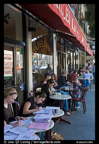 Cafe outdoor sitting, Little Italy, North Beach. San Francisco, California, USA (color)