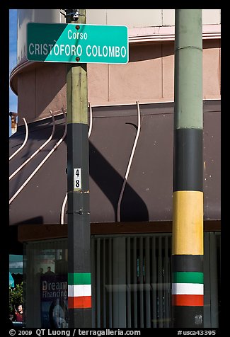 Italian flags painted on lamp posts and name of street in Italian, Little Italy, North Beach. San Francisco, California, USA (color)