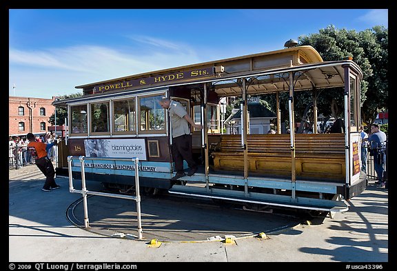Cable car being turned at terminus. San Francisco, California, USA (color)
