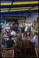 Outdoor terrace of seafood restaurant, Fishermans wharf. San Francisco, California, USA (color)