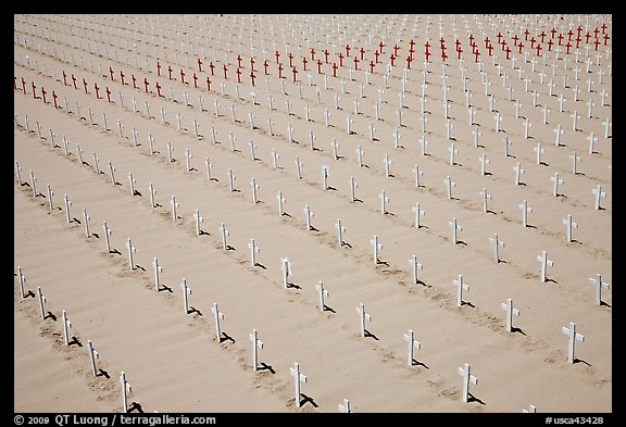Sea of white and red crosses on Santa Monica beach. Santa Monica, Los Angeles, California, USA (color)
