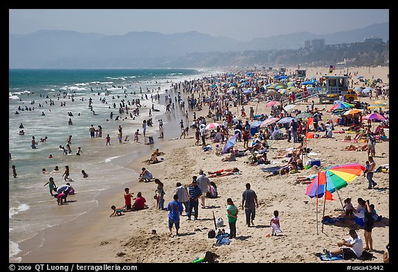 Crowded beach in summer. Santa Monica, Los Angeles, California, USA