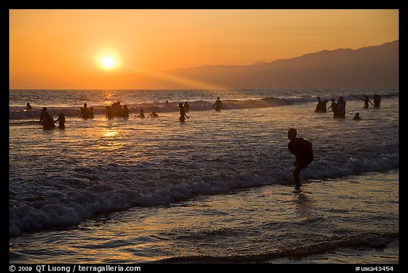 Sunset on beach shore, Santa Monica Beach. Santa Monica, Los Angeles, California, USA