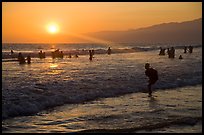 Sunset on beach shore, Santa Monica Beach. Santa Monica, Los Angeles, California, USA ( color)