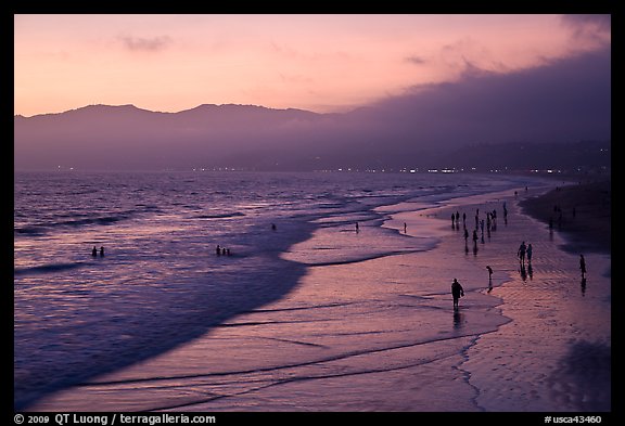 Beach with purple color at sunset. Santa Monica, Los Angeles, California, USA