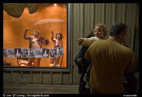 Toddler echoing performance artists, Bergamot Station. Santa Monica, Los Angeles, California, USA (color)