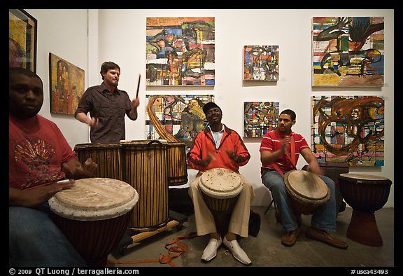 Alan Tarbell, his artworks, and African drums that inspired him, Bergamot Station. Santa Monica, Los Angeles, California, USA (color)