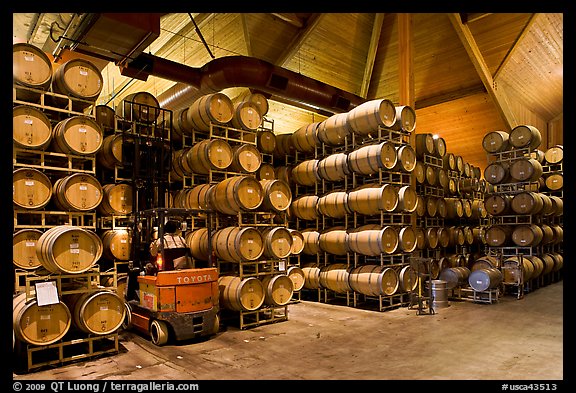 Winery barrel room and forklift. Napa Valley, California, USA