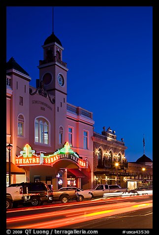 Historic movie theater at night, Sonoma. Sonoma Valley, California, USA (color)