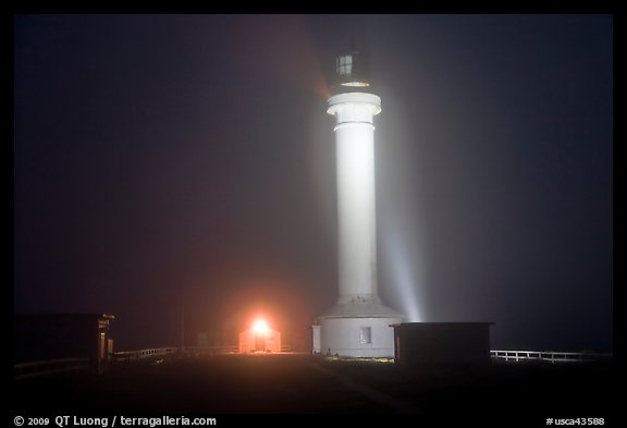 Fog and Point Arena Lighthouse by night. California, USA