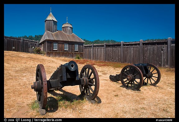 Cannons and chapel, Fort Ross Historical State Park. Sonoma Coast, California, USA (color)