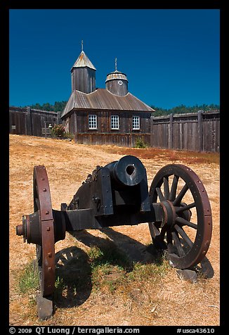Cannon and Russian chapel inside Fort Ross. Sonoma Coast, California, USA (color)