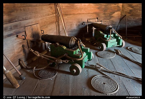 Cannons inside gun room,  Fort Ross Historical State Park. Sonoma Coast, California, USA (color)
