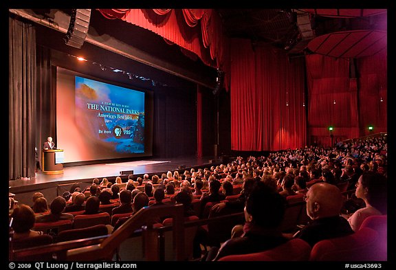 Palace of Fine Arts Theater, with Dayton Duncan presenting new documentary film. San Francisco, California, USA (color)