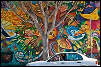 Man sitting in car, mural, and tree, Mission District. San Francisco, California, USA ( color)