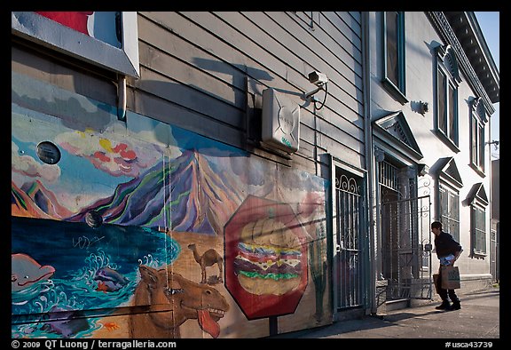 Mural and man entering house with grocery bags, Mission District. San Francisco, California, USA (color)