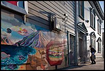 Mural and man entering house with grocery bags, Mission District. San Francisco, California, USA ( color)
