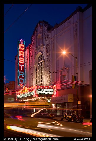 Light blurs and Castro Theater at night. San Francisco, California, USA (color)