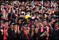 Graduating students wave to family and friends, commencement. Stanford University, California, USA (color)