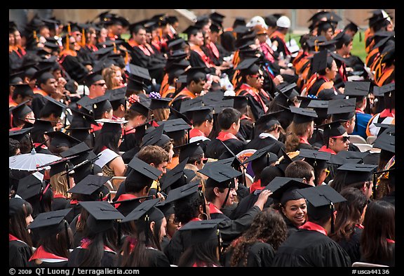 Graduating students in academic gowns and caps. Stanford University, California, USA (color)